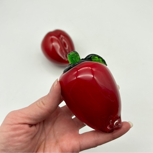 Set Of 2 Red Peppers Vintage Murano Style Art Glass Hand Blown Vegetable Fruit - Picture 7 of 13